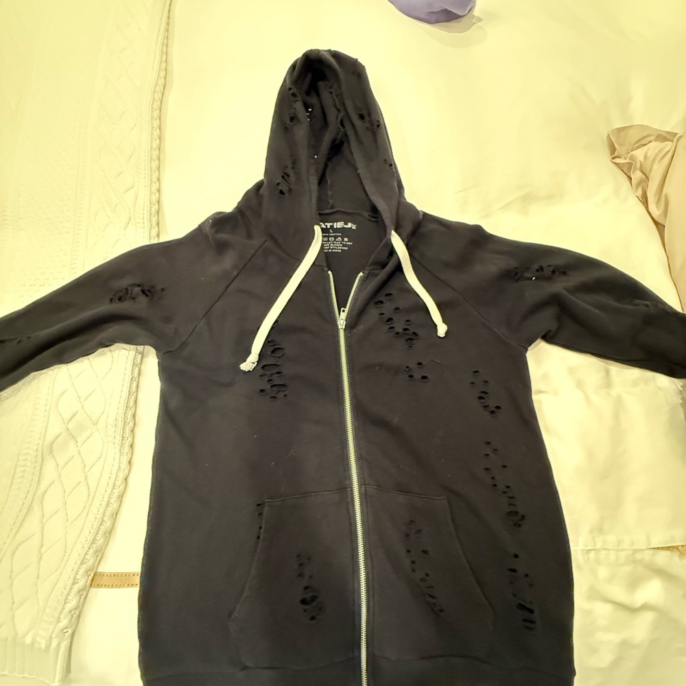 Distressed Black Zip-Up Hoodie Katie J NYC